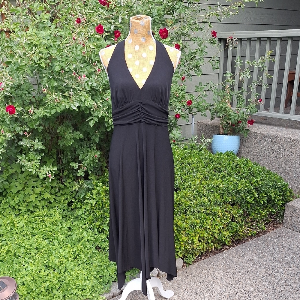 Vintage 90s Y2k Black Halter Dress with Asymmetrical Hem Plus Size 18W Whimsical - Picture 2 of 9